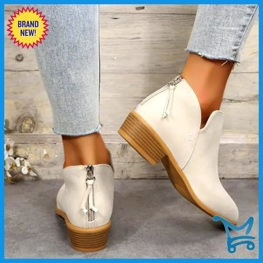 Women's Faux Suede Ankle Boots with Low Block Heel and Side Zipper